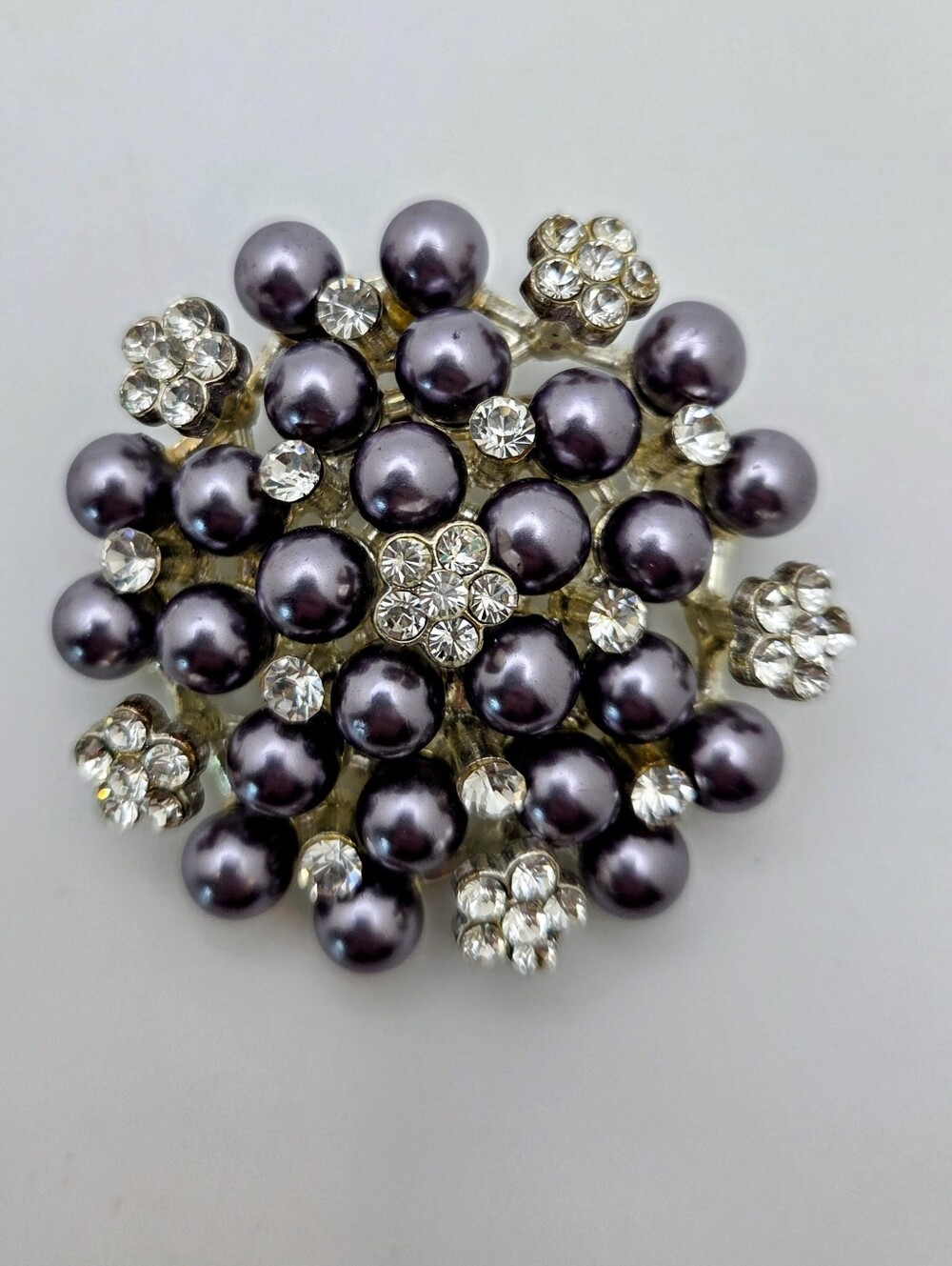Vintage Grey Faux Pearl Rhinestone Cluster Brooch Silver Tone Floral Dome Pin